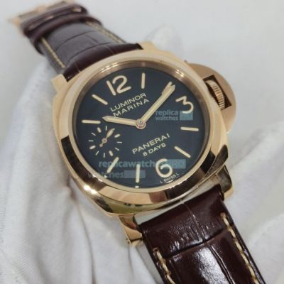 High Quality  Panerai Luminor Marina Rose Gold Brown Leather Strap Watch 44mm